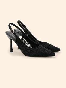 CUCCOO BASICS Spring And Summer Lace Woven Closed Toe Sandals Women's French Pointed Toe Thin Heel Empty Elegant Commuter Shoes - Black - View 3