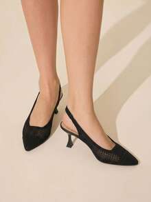 CUCCOO BASICS Flying Woven Mesh Hollow Breathable Pointed Thin Heel Versatile Simple Commute Empty High Heels - Black - View 7