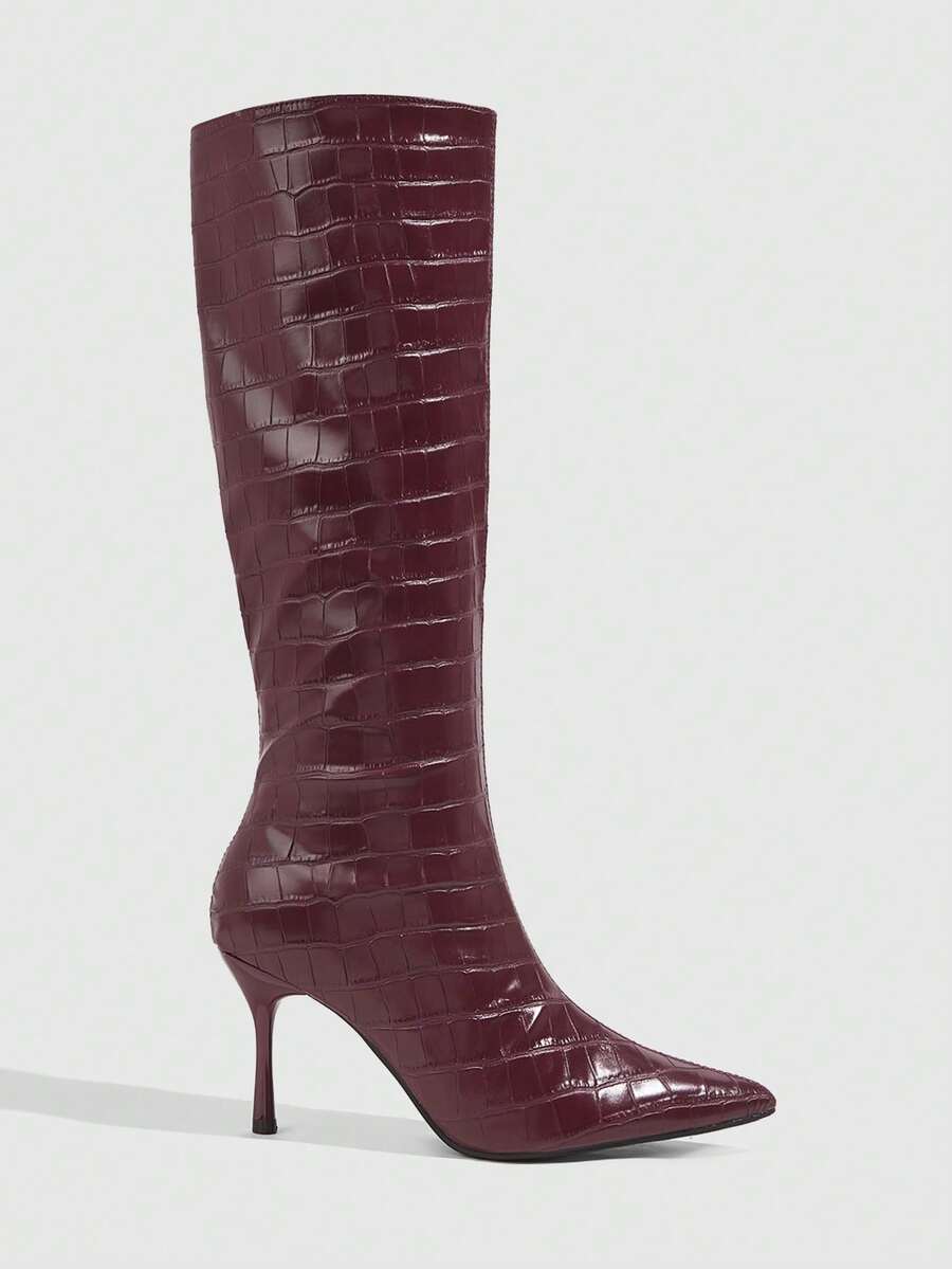 CUCCOO SZL Autumn And Winter Burgundy Pointed Thin Heels High Boots Retro Thin Commuting Wear Fall Boots - Burgundy - View 1