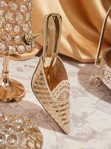 CUCCOO TILAWA Elegant And Sexy Pointed Women's High Heels With Golden Embroidery Pattern - A Sophisticated And Stylish Design With A Slip-On Design For Women With - Gold - View 5