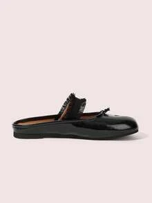 CUCCOO DOLLMOD Women's Fringe Trim Strap Split‑Toe Tabi Backless Slip‑On Flat Mule Slippers Black Fall Shoes - Black - View 5
