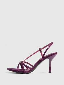 CUCCOO SZL Purple Satin Rhinestone Crossed Strap High-Heeled Sandals, Women's Light Luxury Rear Strap Open-Toed Round Toe High-Heeled Shoes - Purple - View 4