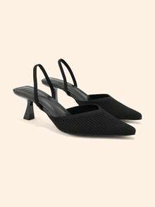 CUCCOO BASICS Ladies Pointed Kitten Heel Black Knitted V-Cut Striped Rear Elastic Band Ladies Rear Empty Shoes Daily Commute Elegant Breathable High Heels - Black - View 4
