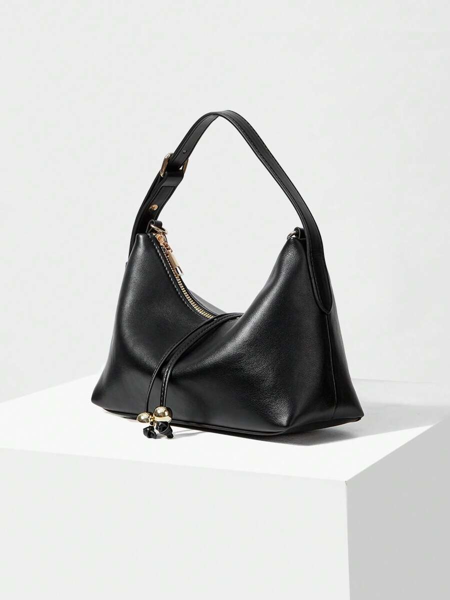 MOTF WOMEN'S FASHION BLACK HANDBAG, EXQUISITE BALL DECORATION, SIMPLE BAG ZIPPER BAG, FOR DAILY, COMMUTING, SHOPPING, TRAVEL - Black - View 2
