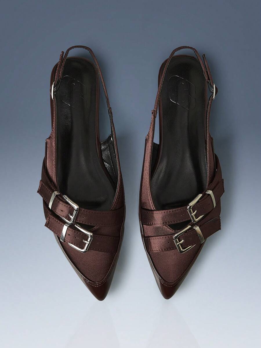 CUCCOO GRLICON Splicing Cross Belt Design Pointed Flat Sandals Brown PU Leather Sardine Versatile Low Heel Shoes Women, Suitable For Commuting, Office - Brown - View 1