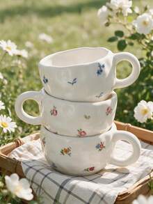 1pc Ins Style Hand-Painted Cup, Asymmetrical Embossed Body, Breakfast Coffee Mug, Girly Desktop Water Cup, Party Afternoon Tea Cup, Red Tea Cup, Large Capacity Water Mug, Coffee Cup - Multicolor - View 7