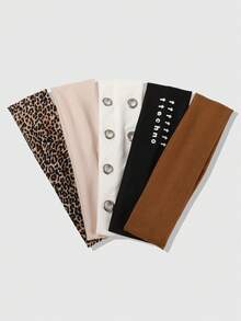 ROMWE Goth 5Pcs American Retro Leopard Print Solid Color Letter Metal Eye Wide Edge Girl Headband, Yoga Sports Babes Street Commuting Versatile Hair Accessories - Multicolor - View 2