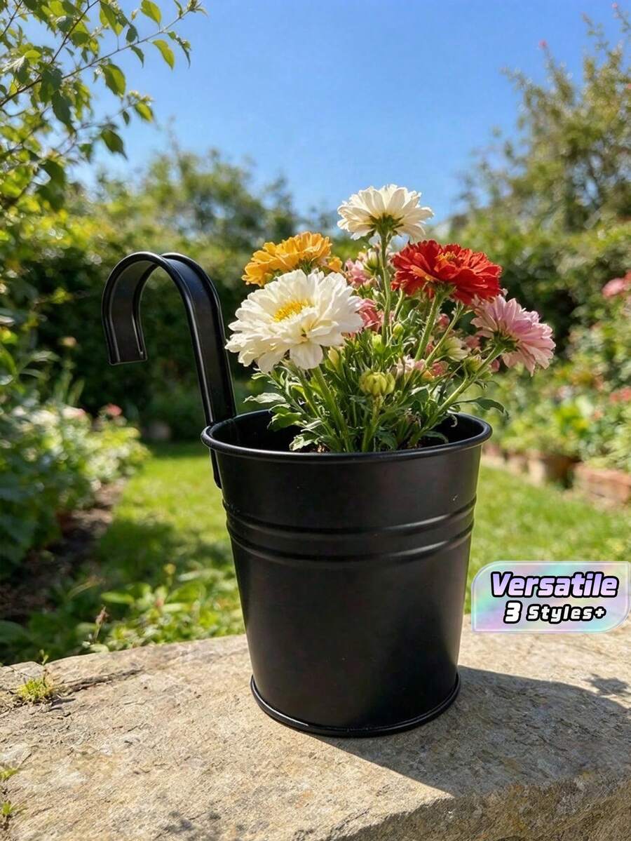 Large Wall-Mounted Flower Pot Set; Garden Pots, Plant Containers, Durable Iron Wall Hanging Planters; Sturdy And Durable; Equipped With Detachable Hooks; Suitable For Railings, Fences, Balconies, Courtyards, Gardens And Indoor Decoration - Hanging Flower Pots - View 1