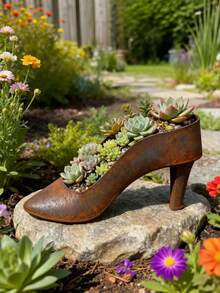 1PC Metal RustyLook HighHeel Shoe FlowerPot VintageStyle Simulation FlowerBasket Garden Ornament For Porch Yard Patio Balcony Home Decoration Wedding Birthday Gift Trending - one size fits all - View 7