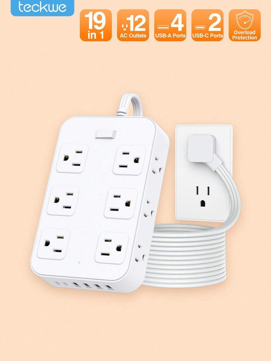 Teckwe 19-In-1 Power Strip Surge Protector With 12AC Outlets, 4USB & 2Type-C Ports | Multi Plug Outlet Expander, USB Wall Plug, Compact Desk Multi-Plug Outlet | Flat Plug Design, Space-Saving Extension Cord For Home, Office And Kitchen - White - View 1