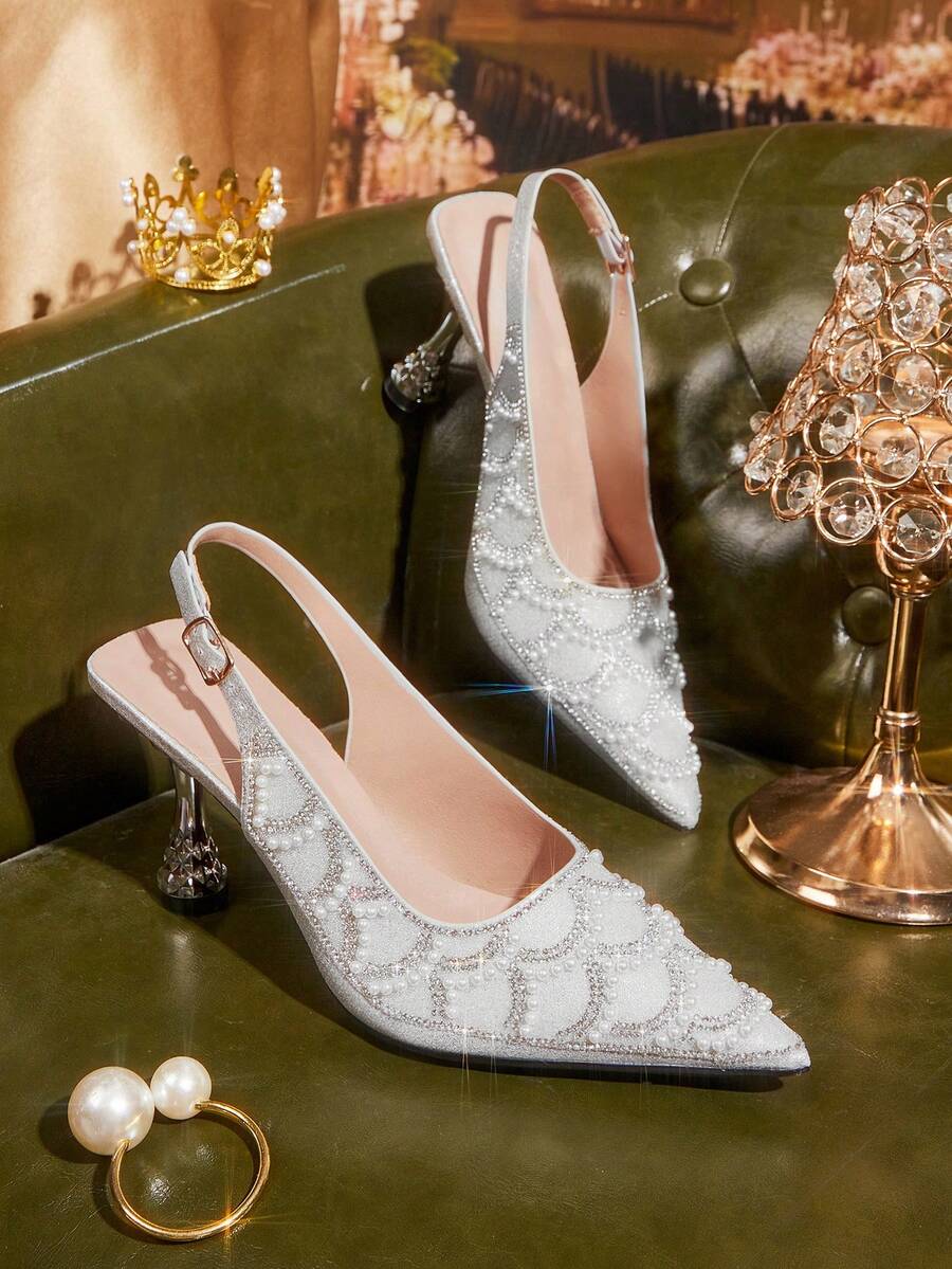 CUCCOO TILAWA Pearl Decoration Silver Sparkling Rhinestone Elegant Temperament Sexy Pointed Women's High Heels - Exquisite Design With Buckle, Using The Design Of T - Silver - View 1