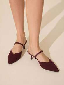 CUCCOO BASICS Women's Pointed Toe Burgundy Knit V-Cut Backless High Heel Pumps, Elegant Breathable Daily Commute Shoes - Burgundy - View 2