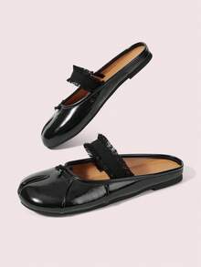 CUCCOO DOLLMOD Women's Fringe Trim Strap Split‑Toe Tabi Backless Slip‑On Flat Mule Slippers Black Fall Shoes - Black - View 3