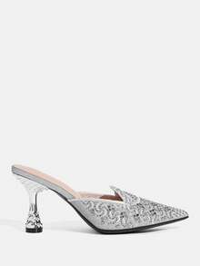 CUCCOO TILAWA Embroidery Sparkling Rhinestone Elegant Elegant Sexy Pointed Women's High Heels - Slip-On Exquisite Design, Using The Design Of Thin Closed Toe - Silver - View 3