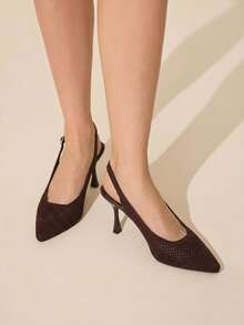 CUCCOO BASICS Spring And Summer Breathable Simple Knitted Mesh Pointed Back Empty Sandals Back Strap Thin Buckle Belt - Brown - View 2