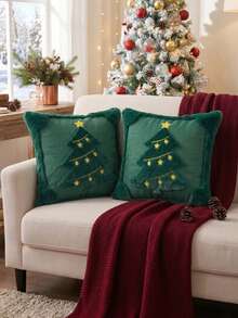 Cirelle 1pc/2pcs Christmas Tree Throw Pillow Covers, Soft Plush Decorative Cushion Covers With Tufted Embroidered Star, Cozy Holiday Pillow Case For Sofa Living Room Home Decor (No Insert) - Green - View 1