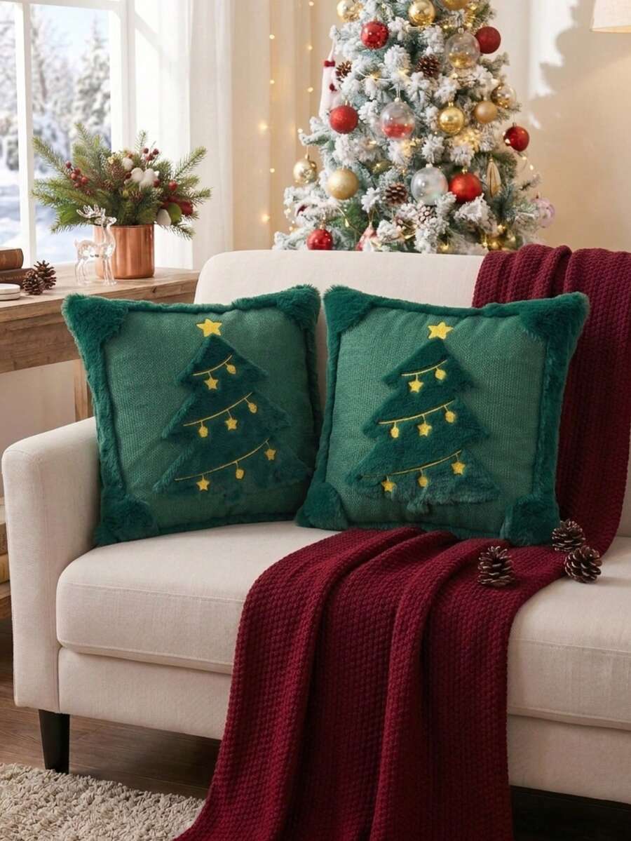 Cirelle 1pc/2pcs Christmas Tree Throw Pillow Covers, Soft Plush Decorative Cushion Covers With Tufted Embroidered Star, Cozy Holiday Pillow Case For Sofa Living Room Home Decor (No Insert) - Green - View 1