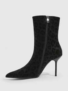 CUCCOO SZL Leopard Print Pointed-Toed Thin-Heeled Short Boots For Women, Rear Zipper High-Heeled Slim Ankle Boots - Black leopard print booties - View 10