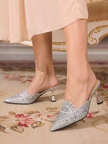 CUCCOO TILAWA Embroidery Sparkling Rhinestone Elegant Elegant Sexy Pointed Women's High Heels - Slip-On Exquisite Design, Using The Design Of Thin Closed Toe - Silver - View 8