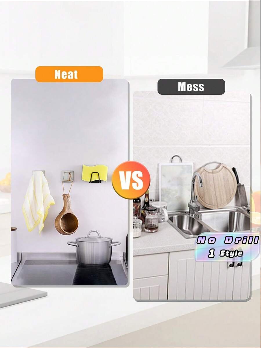 5PCS Sturdy Stainless Steel Adhesive Sponge Holder With Heavy Duty Hook Multi Functional Kitchen Bathroom Organizer Rack Waterproof Rust Resistant Durable Sink Caddy Scrubber Dishcloth Storage Home Kitchen Bathroom Daily Use Space Saving - Silver - View 1