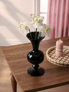 Cirelle 1Pc Vintage Black Glass Pedestal Vase, Wavy‑Rim Goblet‑Style Floral Vessel, Glossy Retro Table Centerpiece, Decorative Flower Holder For Living Room, Entryway & Event Table Styling - default - View 1