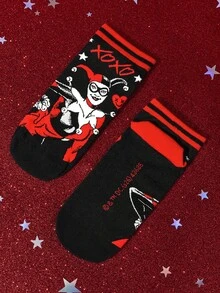 Harley Quinn X SHEIN 2雙女款卡通與字母圖案短襪 - 紅黑 - 查看 9