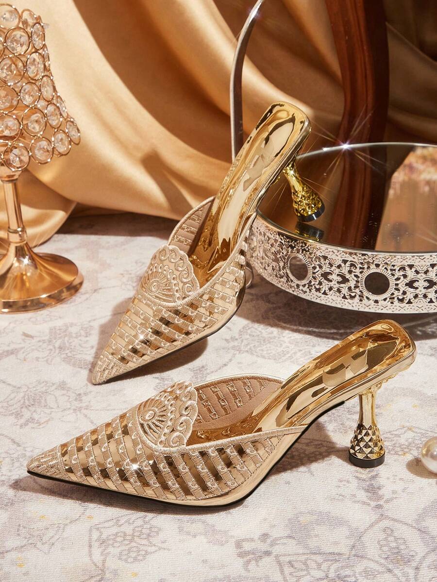 CUCCOO TILAWA Elegant And Sexy Pointed Women's High Heels With Golden Embroidery Pattern - A Sophisticated And Stylish Design With A Slip-On Design For Women With - Gold - View 1