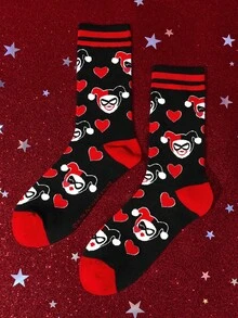 Harley Quinn X SHEIN 1雙女款中筒襪，卡通角色與字母圖案 - 紅黑 - 查看 2