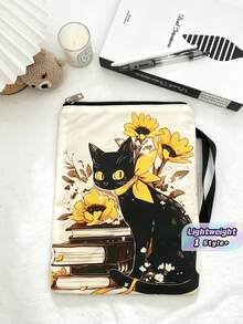 1PC Polyester Zipper Book Sleeve Pouch With Outer Pocket Hand Strap Lightweight Portable Book Protector Storage Bag Cute Black Cat Sunflower Book Stack Print For Student Office Travel Daily Reading Supplies - A - View 1