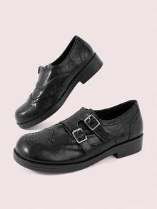 CUCCOO DOLLMOD Women Shoes British College Vintage Bimetal Buckle, Carved Round Toe, Loafers - Black - View 3