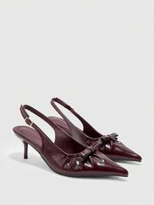 CUCCOO BIZCHIC Elegant Faux Leather Sling Heels With Pointed Toes, Pleated Topline Bows, Adjustable Shoulder Straps And Sculptural Block Heels For All-Day Comfort. - Jujube - View 2