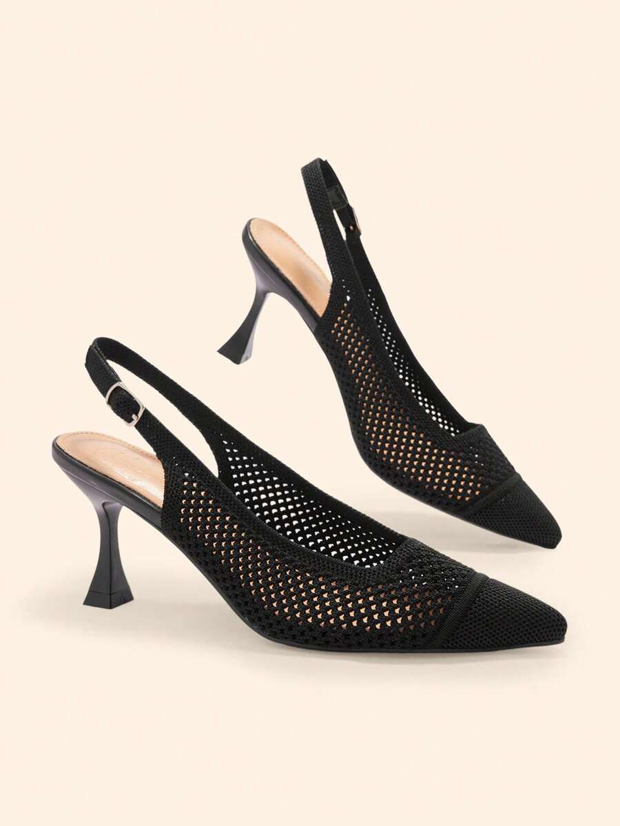 CUCCOO BASICS Flying Woven Mesh Hollow Breathable Pointed Thin Heel Versatile Simple Commute Empty High Heels - Black - View 1