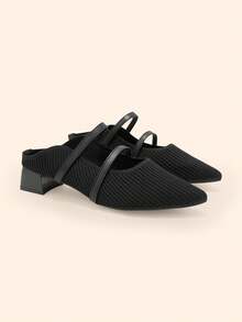 CUCCOO BASICS French Pointed Fabric Closed Toe Slippers Women's Summer Wear Double Thin Strap Thick Heel Sandals Knitted Mules Shoes Black Fall Shoes - Black - View 7