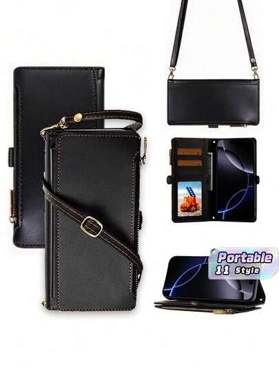 1 Black Crossbody Strap Multi-Functional Zipper Wallet Flip Phone Case With Multiple Card Slots And Kickstand, Compatible