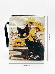 1PC Polyester Zipper Book Sleeve Pouch With Outer Pocket Hand Strap Lightweight Portable Book Protector Storage Bag Cute Black Cat Sunflower Book Stack Print For Student Office Travel Daily Reading Supplies - A - View 2