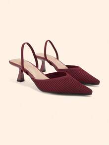 CUCCOO BASICS Women's Pointed Toe Burgundy Knit V-Cut Backless High Heel Pumps, Elegant Breathable Daily Commute Shoes - Burgundy - View 3