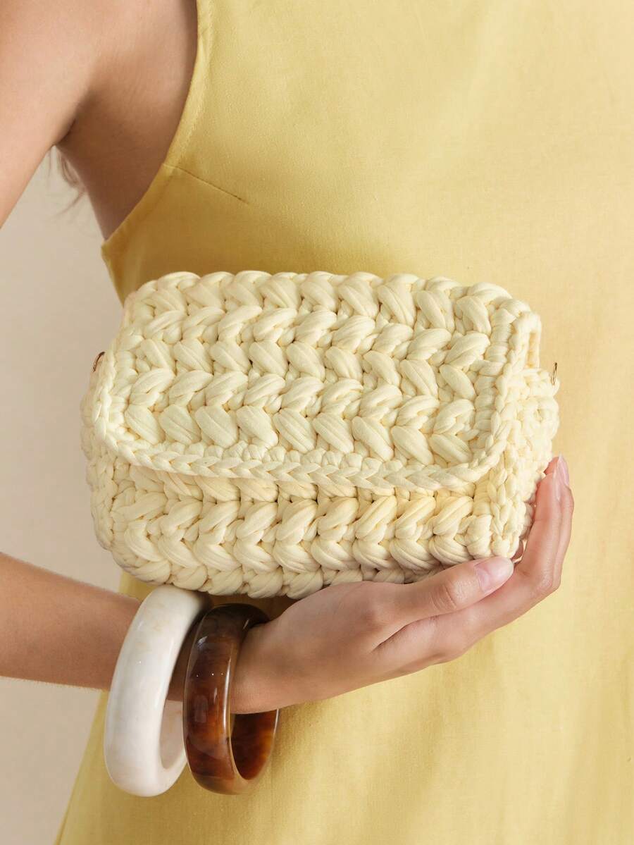 Wovira Ladies Hand Crocheted Messenger Bag, Mini Knitted Handbag, Cute Messenger Bag With Detachable Metal Chain Shoulder Strap, Suitable For Summer Beach, - Off-white - View 1