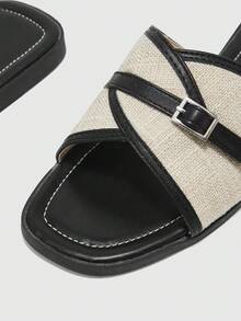 CUCCOO BIZCHIC Women's Black & White Contrast Linen Cross Strap Metal Buckle Square Toe Flat Slide Sandals, Summer Outdoor Beach Shoes - Black - View 6