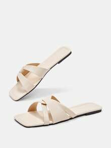 Bholvia Cross Hollow Belt Square Toe Flat Bottom Rice Apricot PU Women's Sandals, Simple And Gentle Daily Travel Shopping Models - Beige - View 2