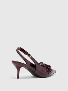 CUCCOO BIZCHIC Elegant Faux Leather Sling Heels With Pointed Toes, Pleated Topline Bows, Adjustable Shoulder Straps And Sculptural Block Heels For All-Day Comfort. - Jujube - View 5