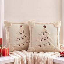 Cirelle 1pc/2pcs Christmas Tree Throw Pillow Covers, Soft Plush Decorative Cushion Covers With Tufted Embroidered Star, Cozy Holiday Pillow Case For Sofa Living Room Home Decor (No Insert) - Beige - View 10