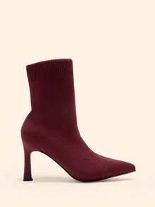 CUCCOO BASICS Women's Pointed Middle Tube Fabric Surface. Cloth Shaped Heel Medium High Heel Elastic Boots. Sexy Versatile Commuter Autumn And Winter Classic Fall Boots - Burgundy - View 7