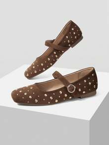 Mnmlis Women's Fashion Rivet Flat Shoes, Fashion Commuting - Brown - View 5