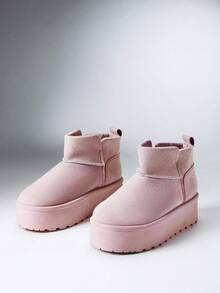 SHEIN SHUZIA 女款灰粉色麂皮厚底內裡抓毛穿脫式短筒雪地靴保暖冬季短靴 - 淺粉色 - 查看 9