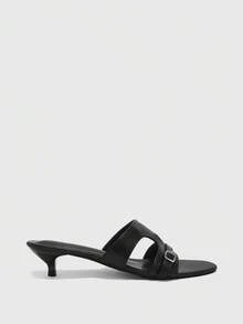 CUCCOO BIZCHIC Black Belt Buckle Hollow Kitten And Sandals, Women's Simple Commuting Slippers - Black - View 2