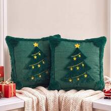 Cirelle 1pc/2pcs Christmas Tree Throw Pillow Covers, Soft Plush Decorative Cushion Covers With Tufted Embroidered Star, Cozy Holiday Pillow Case For Sofa Living Room Home Decor (No Insert) - Green - View 10