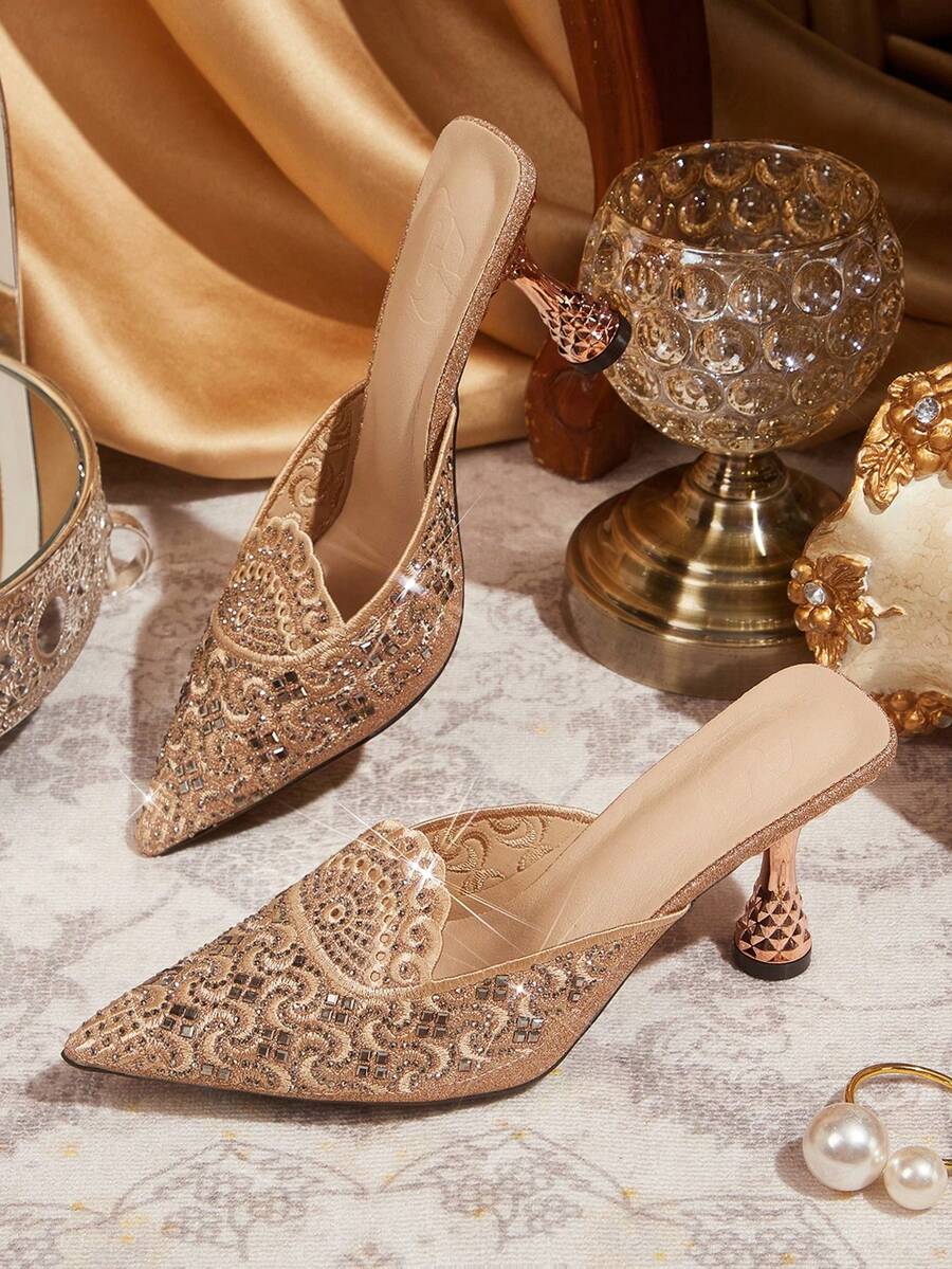 CUCCOO TILAWA Champagne Embroidery Pattern Elegant Sexy Pointed Women's High Heels - Exquisite And Fashionable Design, With A Pedal Design Stiletto Women - Champagne - View 1