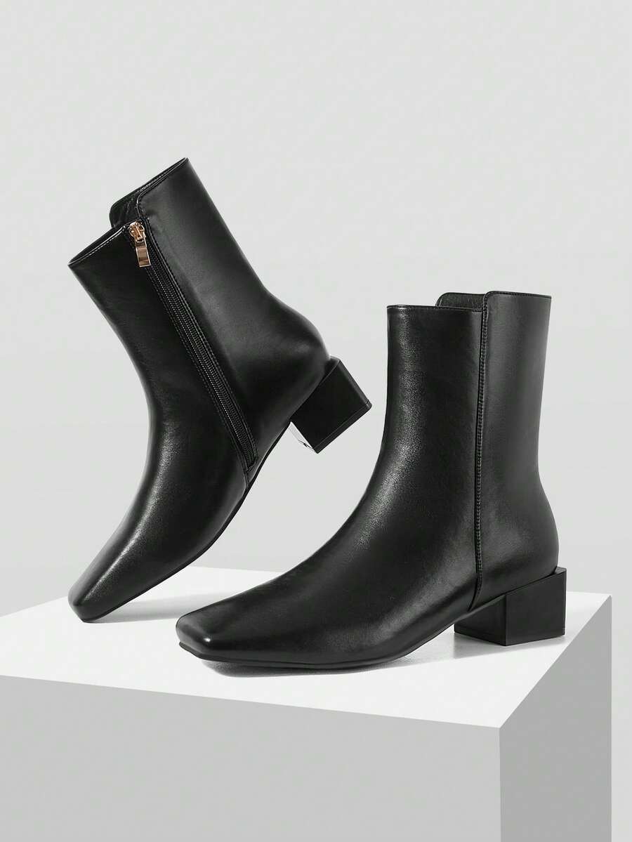 MOTF PREMIUM SIDE ZIPPER DESIGN, LUXURY FASHION, SQUARE TOE DESIGN, THICK HEEL DESIGN, AND ANKLE BOOTS. - Black - Color - View 2