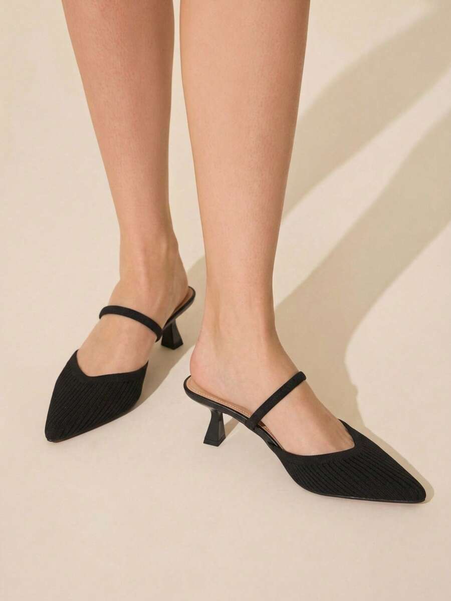 CUCCOO BASICS Women's Fashion Pointed V-Cut Fabric Woven Striped Surface. 3 Elastic Rear Strap Empty Shoes. Painted Medium-High Wine Glass Heel, Breathable Fall Shoes - Black - View 1