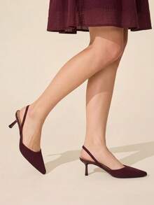 CUCCOO BASICS Women's Fashion And Sexy Pointed Toe Round Vamp Rear Empty Weave. Fabric Fabric Elastic Slingback High Heel Shoes - Burgundy plain weave - View 4
